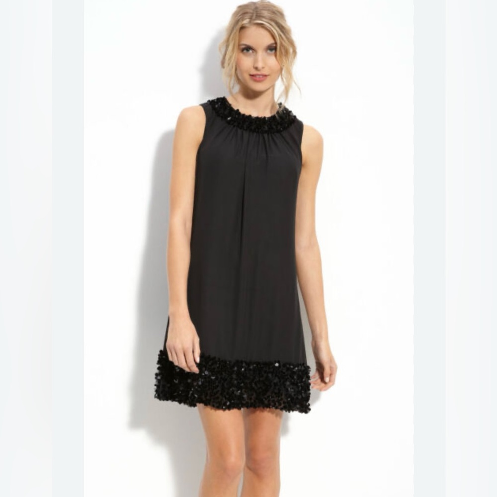 Betsey Johnson Black Sleeveless Silk Mini Shift Dress with Sequin Trim